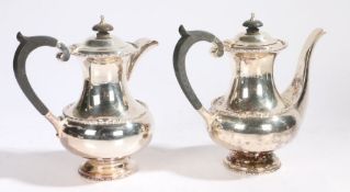 Elizabeth II silver coffee pot and hot water jug, Sheffield 1960, maker Walker & Hall, with ebony