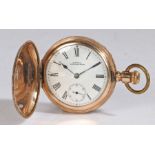 14 carat plated gold hunter pocket watch by A.W.W Co. Waltham Mass. the case with central vacant