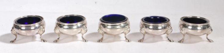 Five Elizabeth II silver salts, London 1968, maker C.J. Vander Ltd. of cauldron form, each raised on