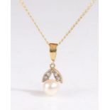 9 carat gold pearl and diamond pendant and necklace, the pendant set with a central pearl with