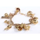 9 carat gold charm bracelet set with sixteen charms, to include an eagles claw clasping a ball of