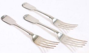 Three Victorian silver dessert forks, London 1856, maker Samuel Hayne & Dudley Cater, the fiddle