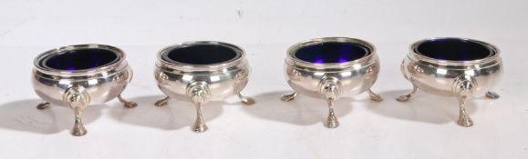 Four Elizabeth II silver salts, London 1968, maker C.J. Vander Ltd. of cauldron form, each raised on