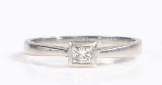 Platinum and diamond solitaire ring, the head set with a princess cut diamond set on a platinum