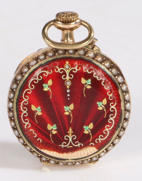 Swiss 14 carat gold and seed pearl ladies pocket watch, the red enamel dial with Arabic markers - Image 2 of 2