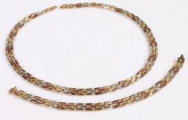 9 carat gold bracelet and necklace suite, with three colour gold links to clip ends,  the necklace