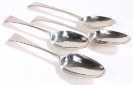 Pair of George III silver table spoons, London possibly 1766, the old English pattern handles with