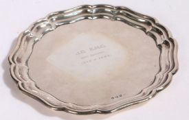 George VI silver card tray, Birmingham 1939, maker Adolph Scott Ltd. with gadrooned border, the