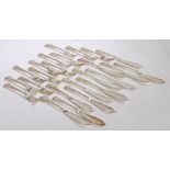 Twelve Elizabeth II silver fish knives and forks, Sheffield 1960 and 1983, maker Walker & Hall, with