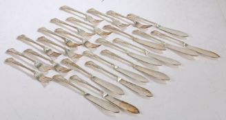 Twelve Elizabeth II silver fish knives and forks, Sheffield 1960 and 1983, maker Walker & Hall, with