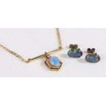 14 carat gold diamond and opal pendant and chain together with a similar pair of opal earrings,