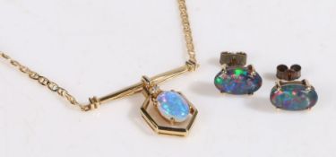 14 carat gold diamond and opal pendant and chain together with a similar pair of opal earrings,