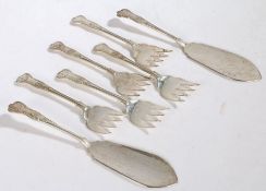 Two Elizabeth II silver fish slices and five silver fish forks, Sheffield 1983, maker Walker & Hall,
