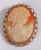 9 carat gold cameo brooch, the oval cameo depicting a lady in profile, housed in an arched and