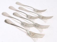 Set of six 19th Century French silver table forks, maker Ernest Compere (Paris 1868-1888), the