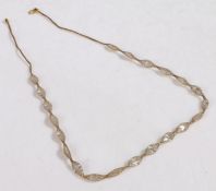 9 carat gold mesh necklace, with divides of rock crystal held within the mesh 43cm long, 7.8g