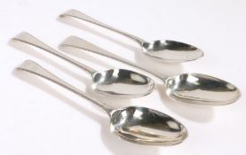 Four George III silver table spoons, London 1779, maker Hester Bateman, the feather edged handles
