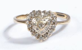 9 carat gold and diamond set cluster ring the head in the form of a heart set with many diamonds,