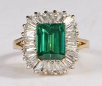 14 carat gold filled diamond and paste emerald ring, the head set with a emerald cut emerald
