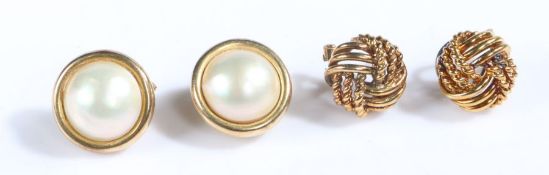 Two pairs of 9 carat gold earrings, to include a one pair set with pearls and a rope set, gross