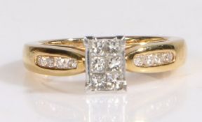 18 carat gold and diamond ring, the head set with six square cut diamonds and four round cut