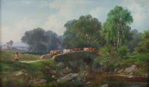 John Mundell (British, 1818-1875) Cattle and Drover Crossing a Bridge signed (lower left), oil on