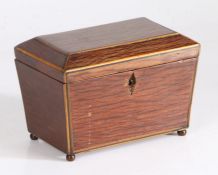 Unusual George III partridge wood sarcophagus tea caddy, decorated with boxwood inlay, the lid