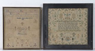 Two early to mid 18th century needlework samplers, the first by Elizabeth Brooks aged 12 years 1843,