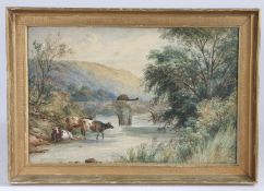Frederick Davis (British, act 1853-1892) Cattle Near a Bridge signed and dated 1875 (lower left),