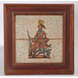 Early 19th Century tile, Austrian Empire, the central field with depiction of a hussar holding a