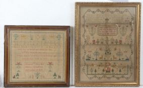 Two George III needlework samplers, the first with depictions of animals, figures, buildings and