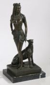 20th century bronze depiction of an Egyptian lady with leopard on a chain, signed Angelo and with