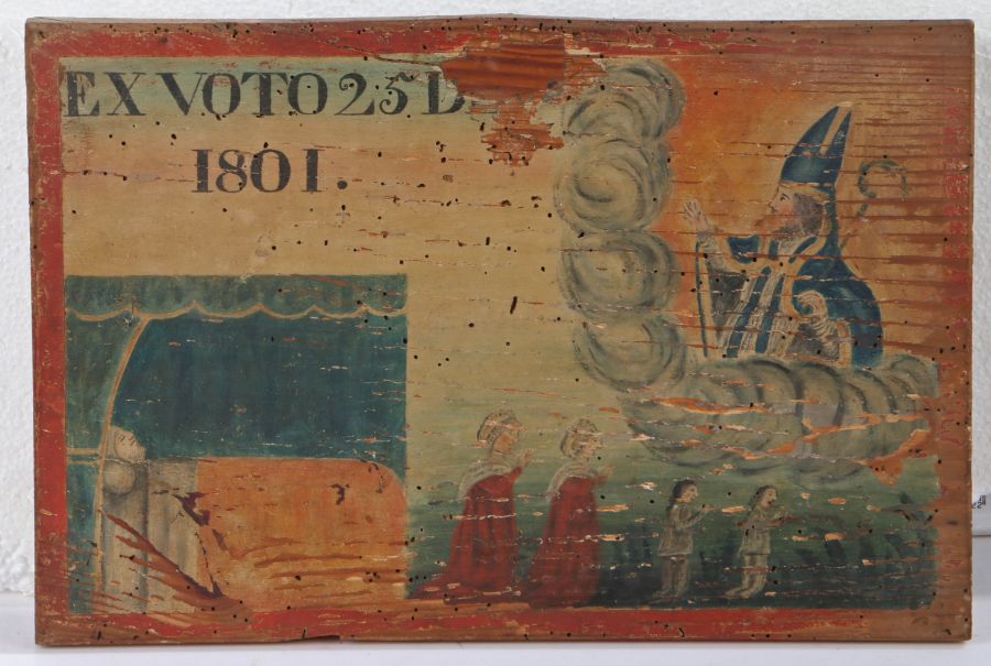 Early 19th century French "Ex Voto" or Votive offering panel, dated 1801, painted with depiction