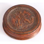 18th Century French pressed wood snuff box, the lid impressed with depiction of Minerva crowning a