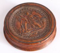 18th Century French pressed wood snuff box, the lid impressed with depiction of Minerva crowning a