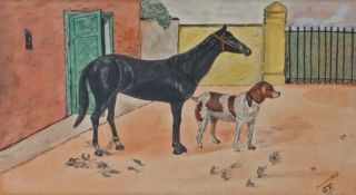 "Faithful Friends" English School (20th century) Naive picture of a black stallion with a dog,