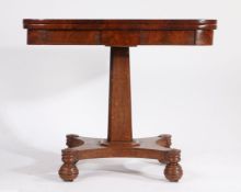 Victorian mahogany card table, the D-shaped fold-over top with red baize lined interior, raised on a