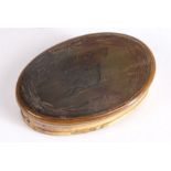 19th Century horn snuff box, of oval form, the lid initialled GJ and dated 1827, 8cm wide