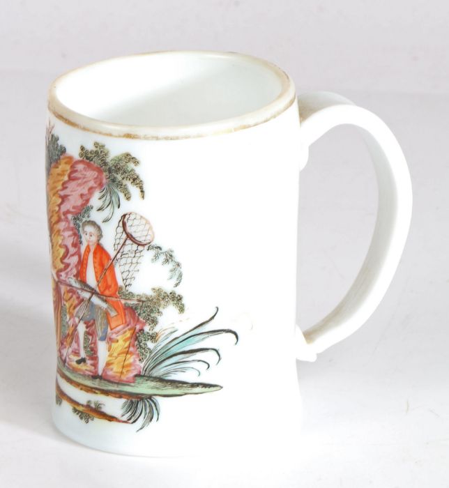 18th century Bohemian milk glass mug, painted with a scene of lady and gentleman fishing at the side - Image 2 of 4