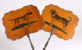 Pair of 19th Century fans, the shaped panels with transferred depictions of dogs above turned
