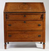 18th century rosewood and boxwood inlaid bureau, the sloping fall with a Neo-Classical figural