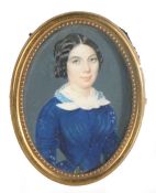 19th Century portrait miniature of a woman with black ringleted hair wearing a blue dress with
