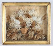 Victorian seaweed pictures, depicting a basket of seaweed and two shells, housed in a gilt and