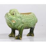 Burmantofts Faience Pottery grotesque toad spoon warmer, in bright to dark green standing on three