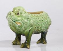 Burmantofts Faience Pottery grotesque toad spoon warmer, in bright to dark green standing on three