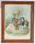 19th Century primitive watercolour of three children, signed indistinctly lower centre, housed in