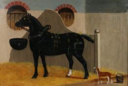 English School (19th Century) Horse and Dog in Stable indistinctly signed (to bucket, lower