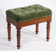 Victorian mahogany dressing table stool, the green velvet button upholstered seat, raised on