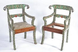 Unusual pair of cloisonne enamel style armchairs, the curved cresting rails with rams head terminals