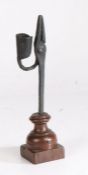 18th Century oak rush light, the iron scissor action sconce and rush pincers holder above a turned